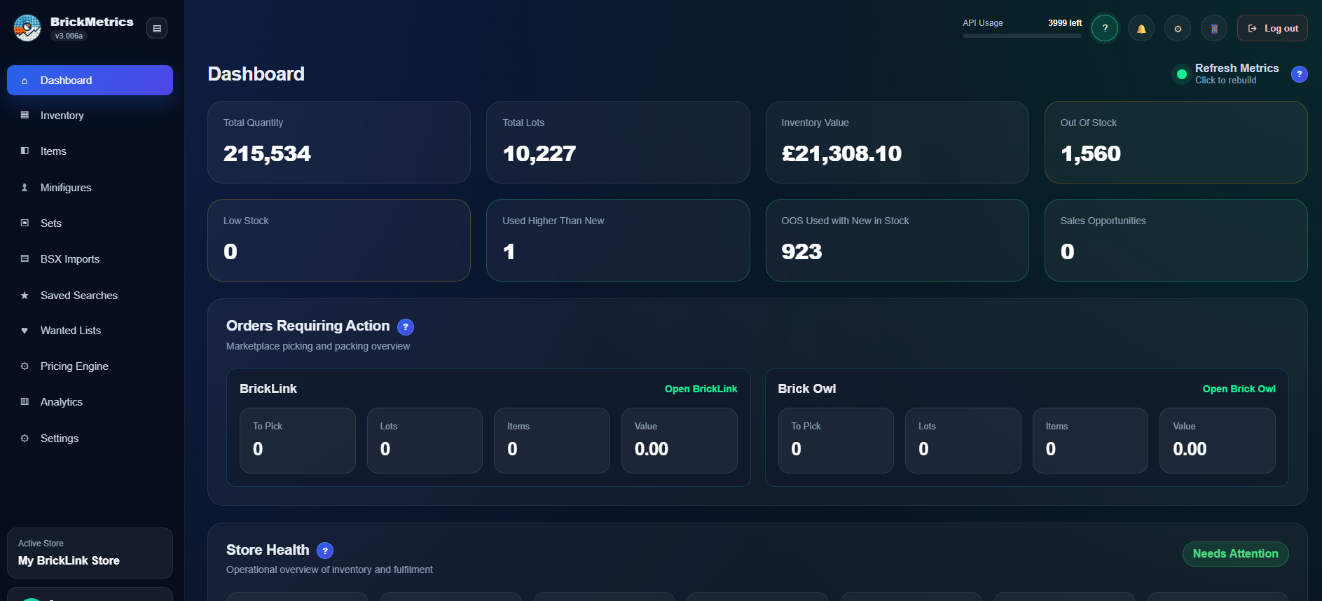 BrickMetrics v3 dashboard showing inventory totals, stock opportunities, marketplace orders and store health